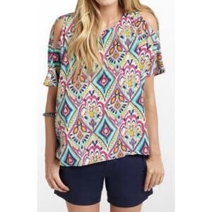 Lilly‎ Pulitzer L Large Silk Trace Top Crown Jewels Cold Shoulder 42783 Classic